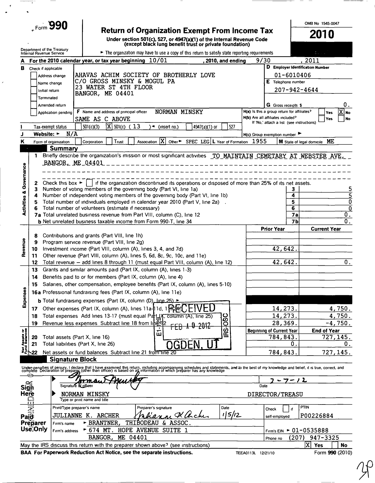 Image of first page of 2010 Form 990O for Ahavas Achim Society of Brotherly Love