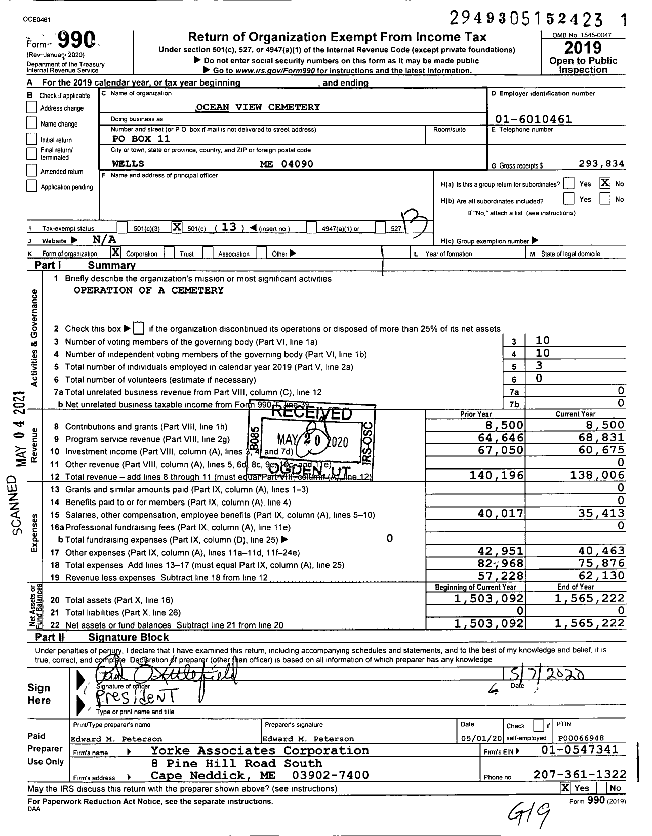 Image of first page of 2019 Form 990O for Ocean View Cemetery