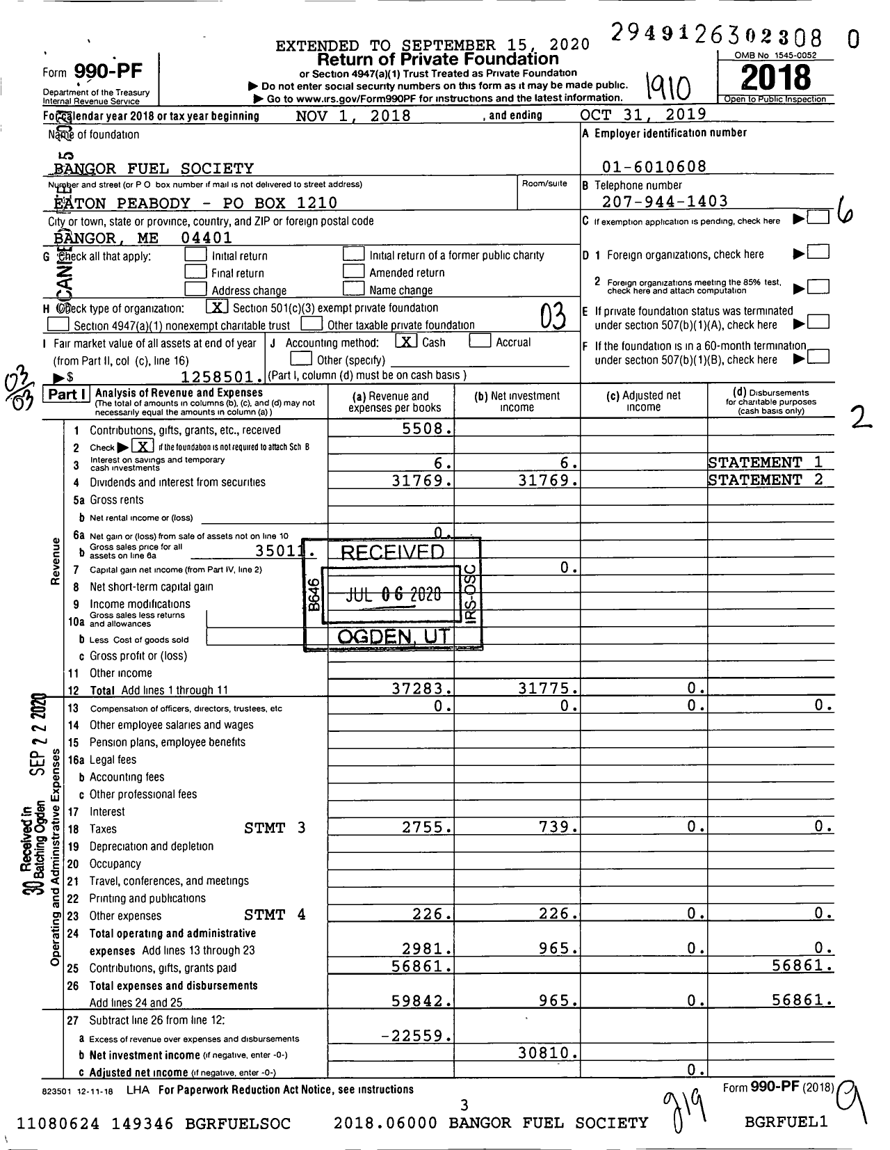 Image of first page of 2018 Form 990PF for Bangor Fuel Society