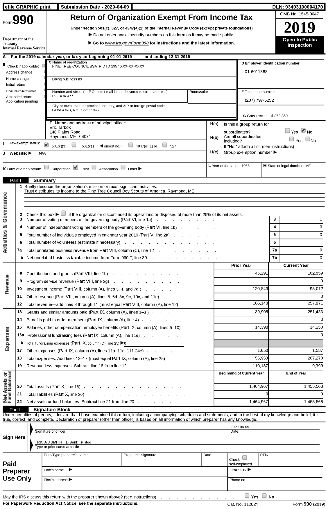 Image of first page of 2019 Form 990 for Boy Scouts of America - 218 Pine Tree Council Bsa TR DTD