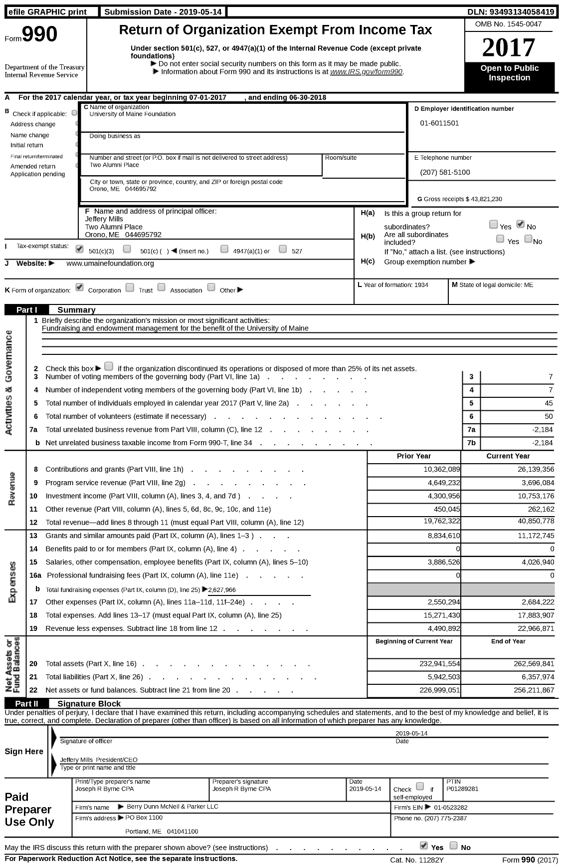 Image of first page of 2017 Form 990 for University of Maine Foundation