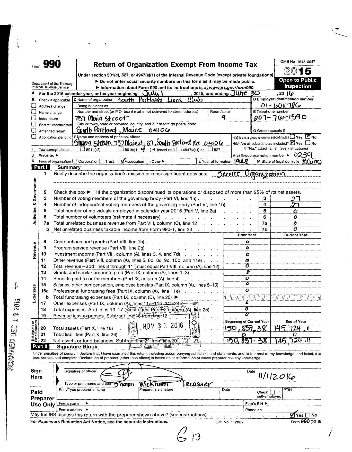 Image of first page of 2015 Form 990O for Lions Clubs - 13630 South Portland