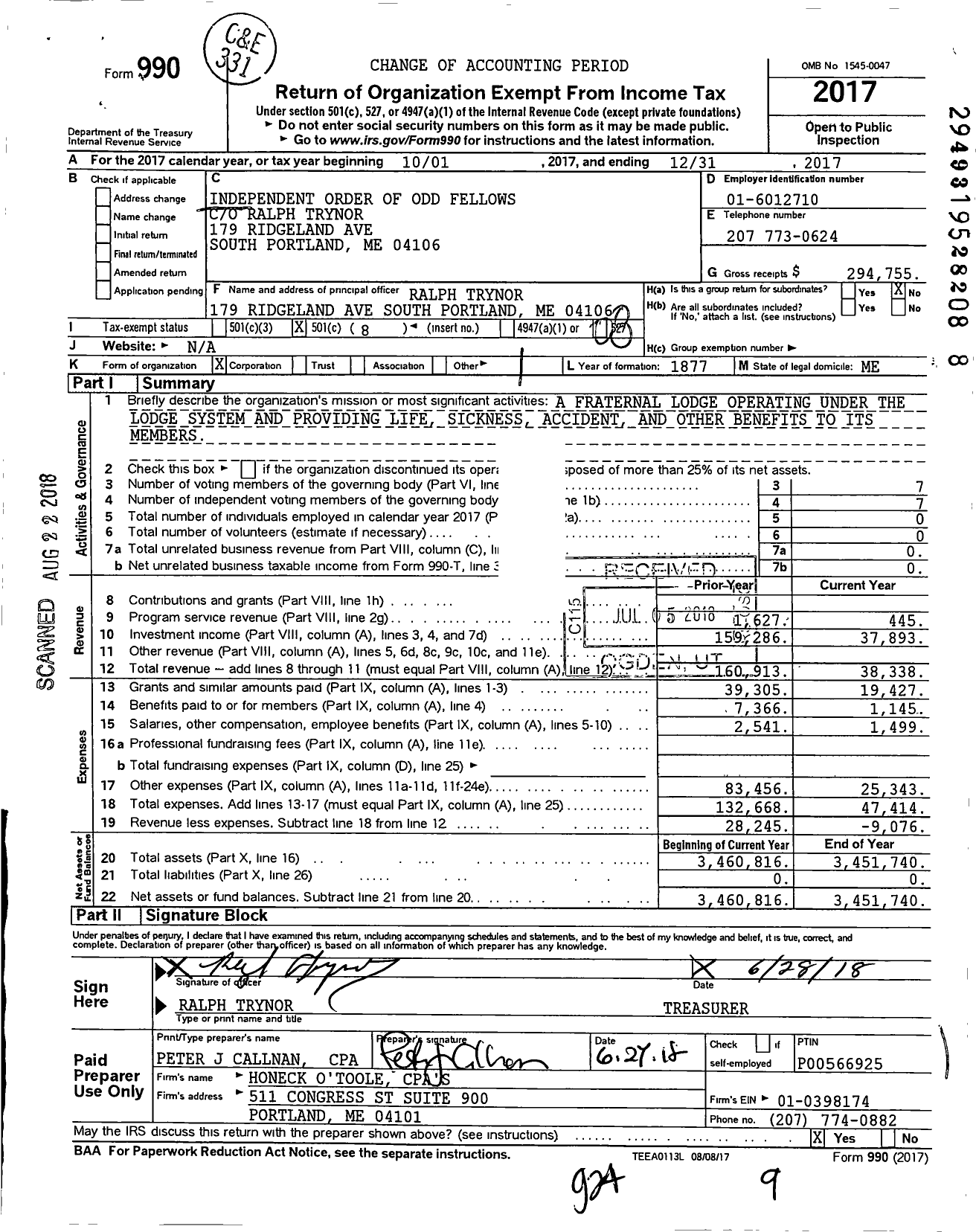 Image of first page of 2017 Form 990O for Independent Order of Odd Fellows - 3 Unity LDG