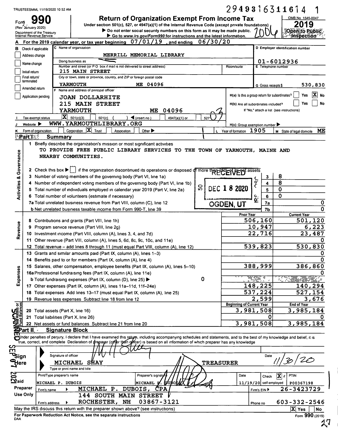 Image of first page of 2019 Form 990 for Merrill Memorial Library