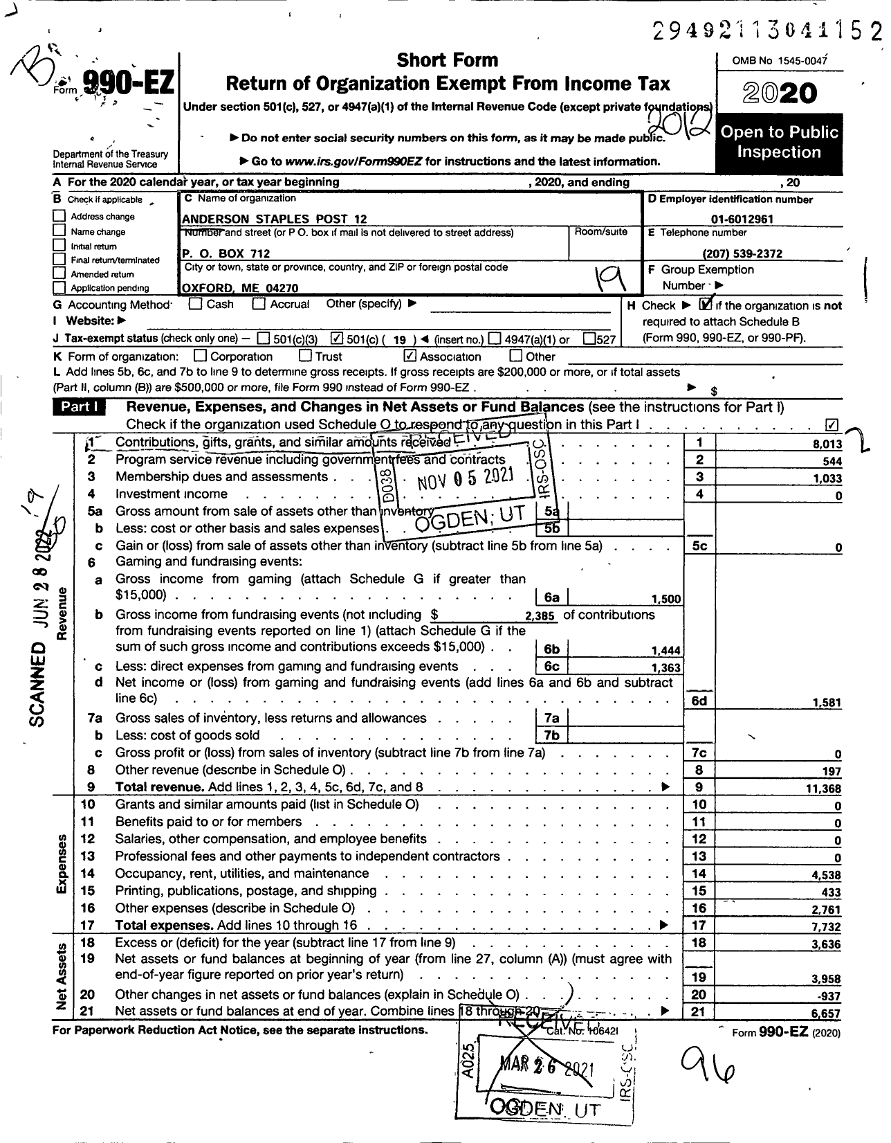 Image of first page of 2020 Form 990EO for American Legion - 0112 Anderson Staples Post