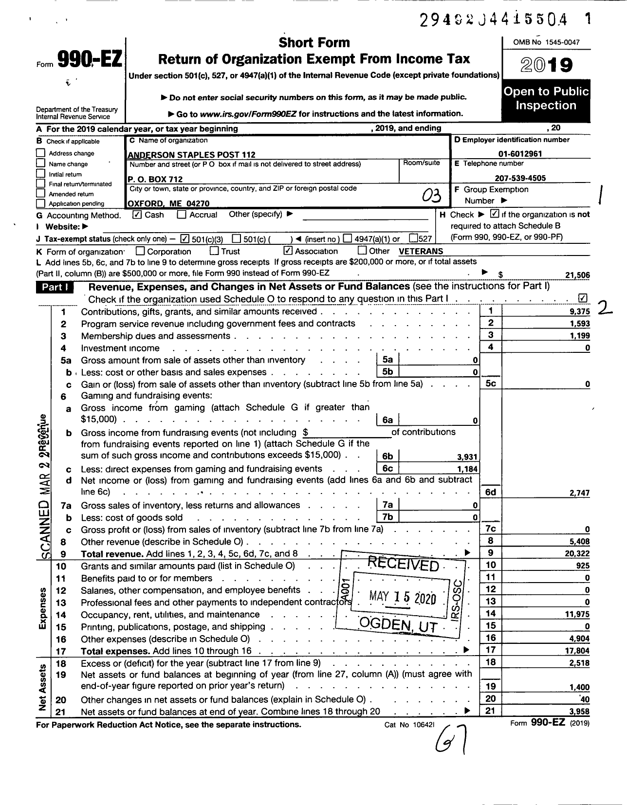 Image of first page of 2019 Form 990EZ for American Legion - 0112 Anderson Staples Post