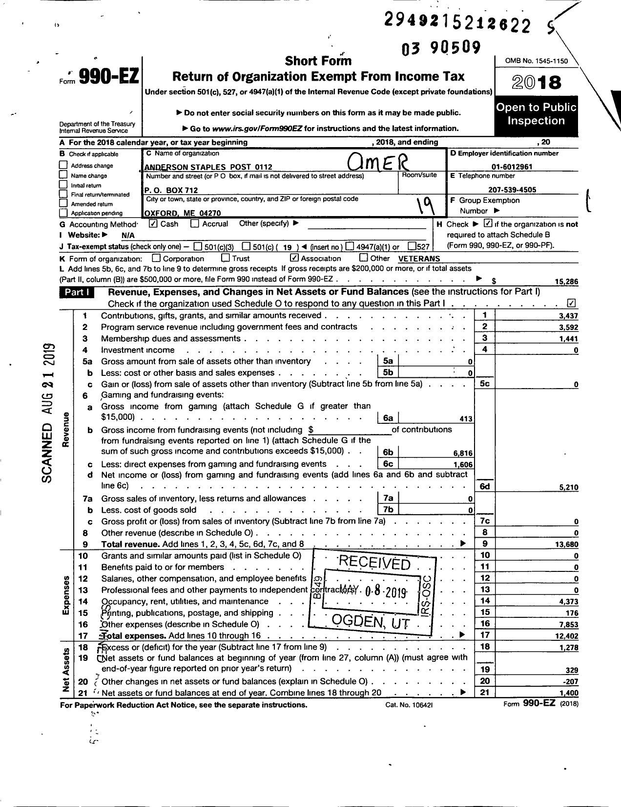 Image of first page of 2018 Form 990EO for American Legion - 0112 Anderson Staples Post