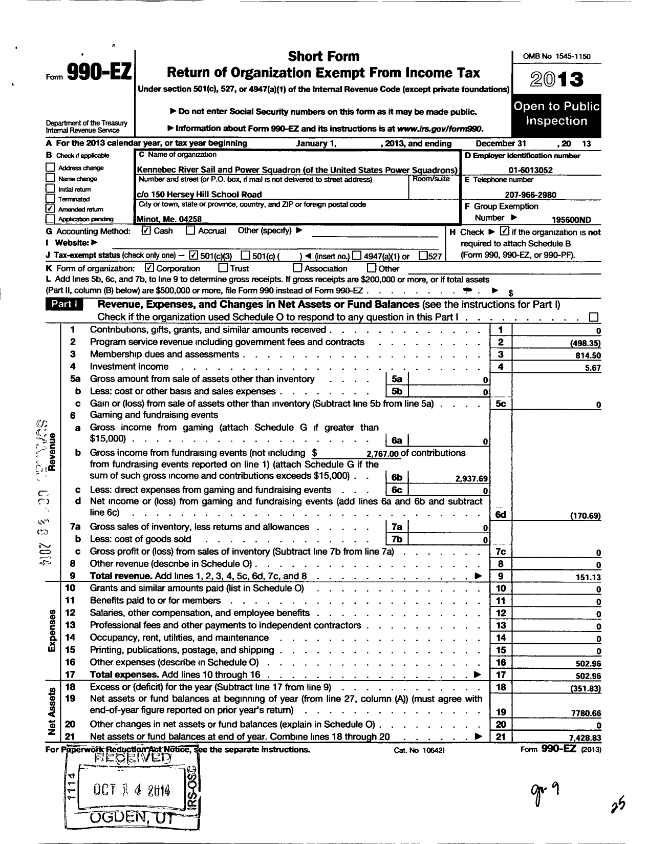 Image of first page of 2013 Form 990EZ for United States Power Squadrons - 2580 Kennebec River Sail & Power Sq