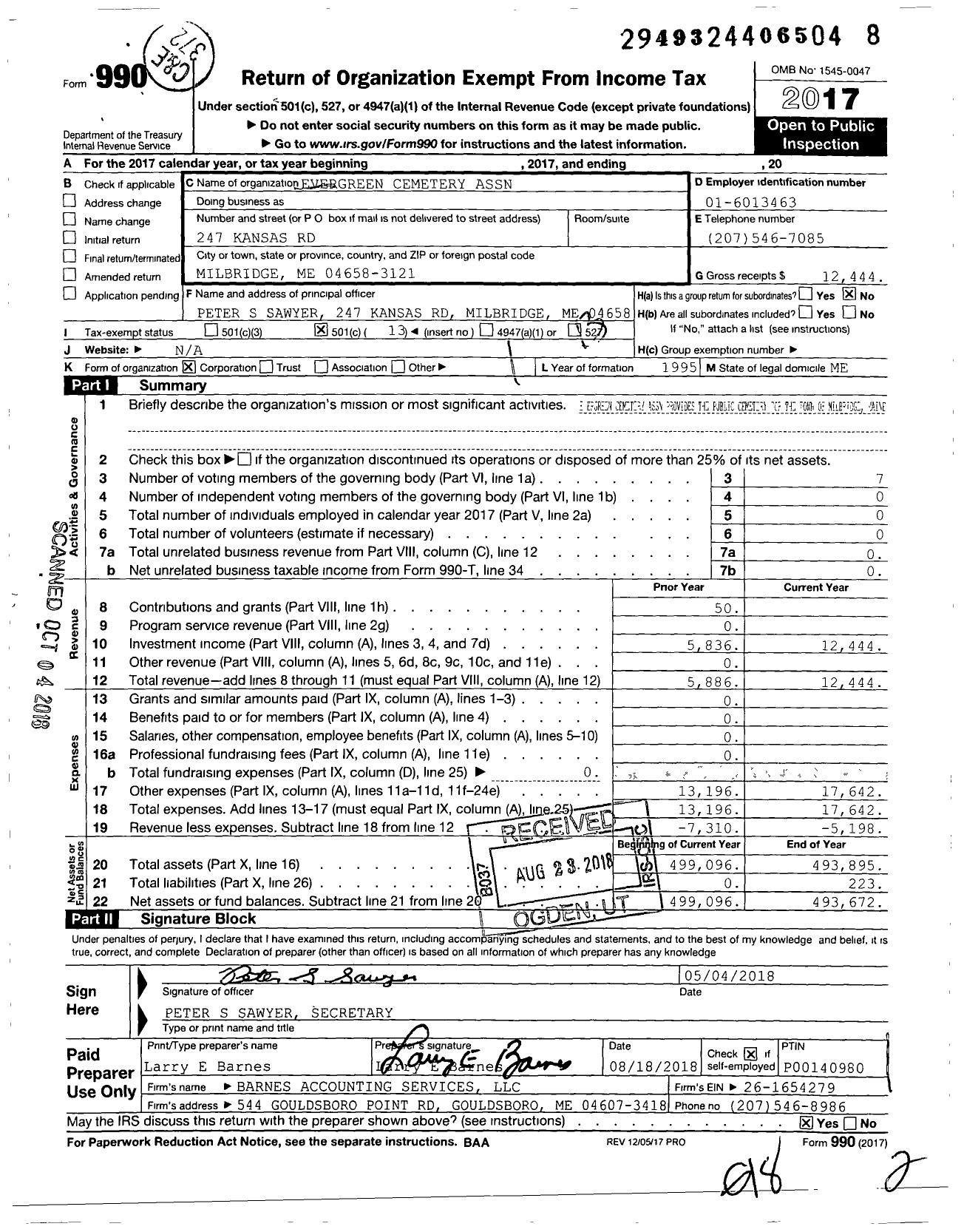 Image of first page of 2017 Form 990O for Evergreen Cemetery Assn