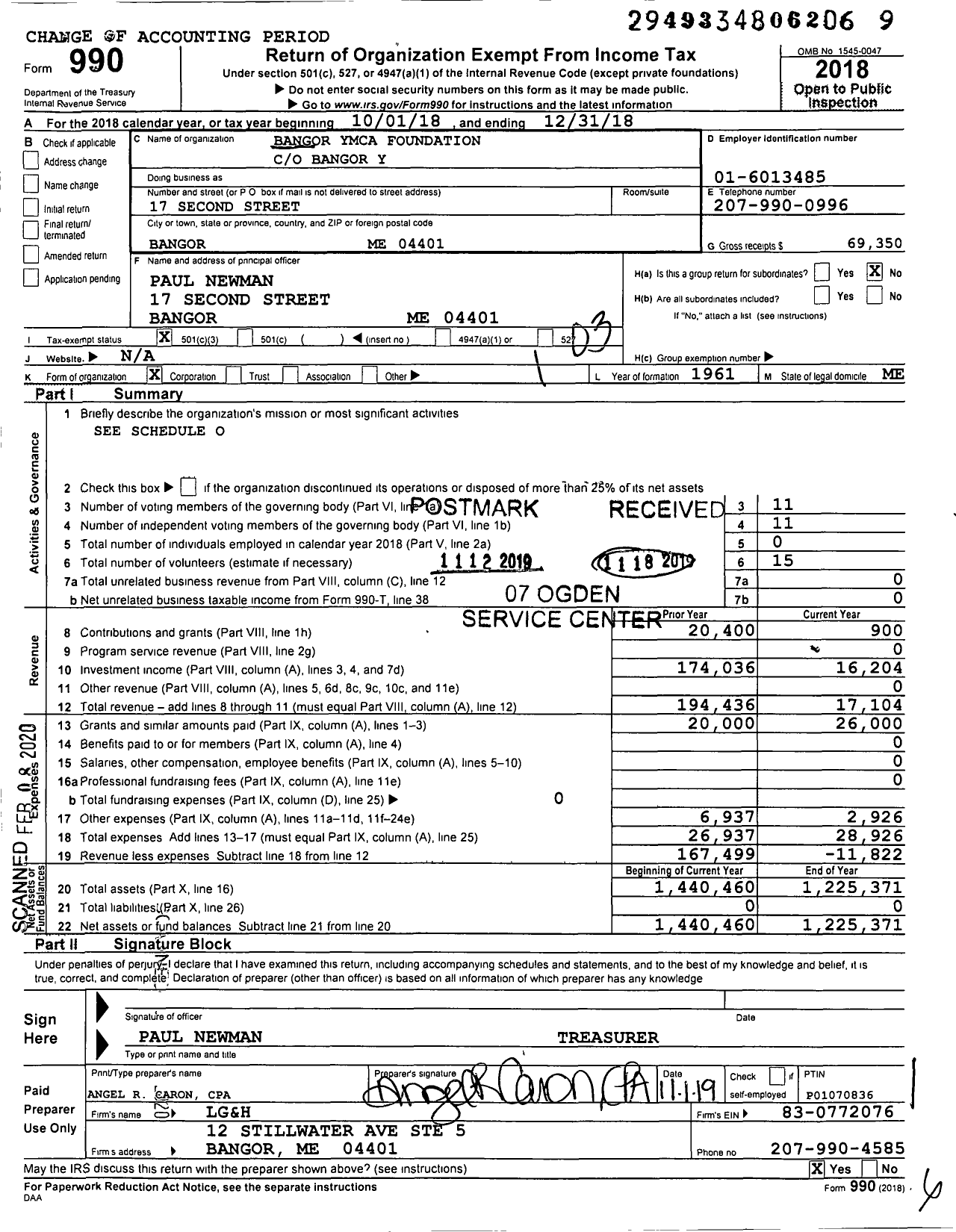 Image of first page of 2018 Form 990 for Bangor Ymca Foundation