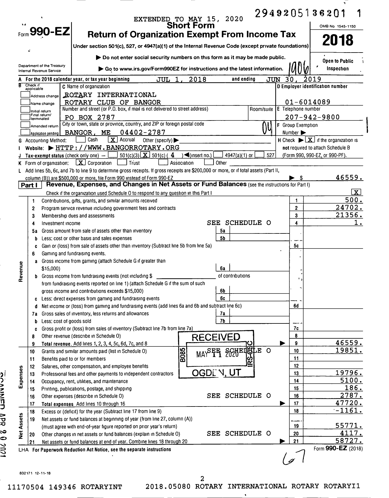 Image of first page of 2018 Form 990EO for Rotary International - Bangor Rotary Club