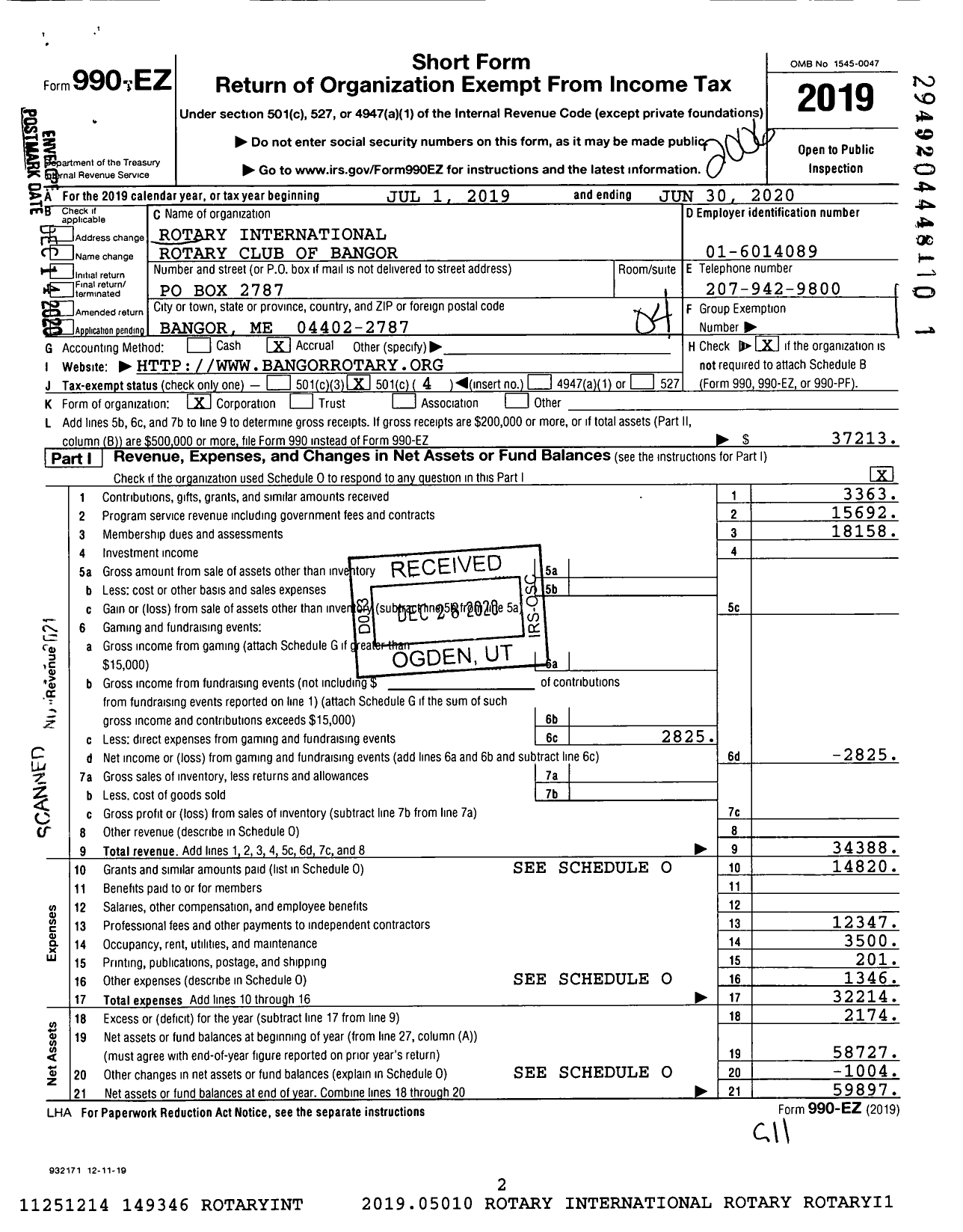 Image of first page of 2019 Form 990EO for Rotary International - Bangor Rotary Club