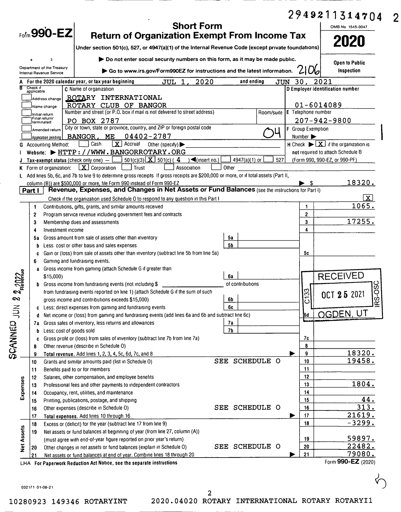 Image of first page of 2020 Form 990EO for Rotary International - Bangor Rotary Club