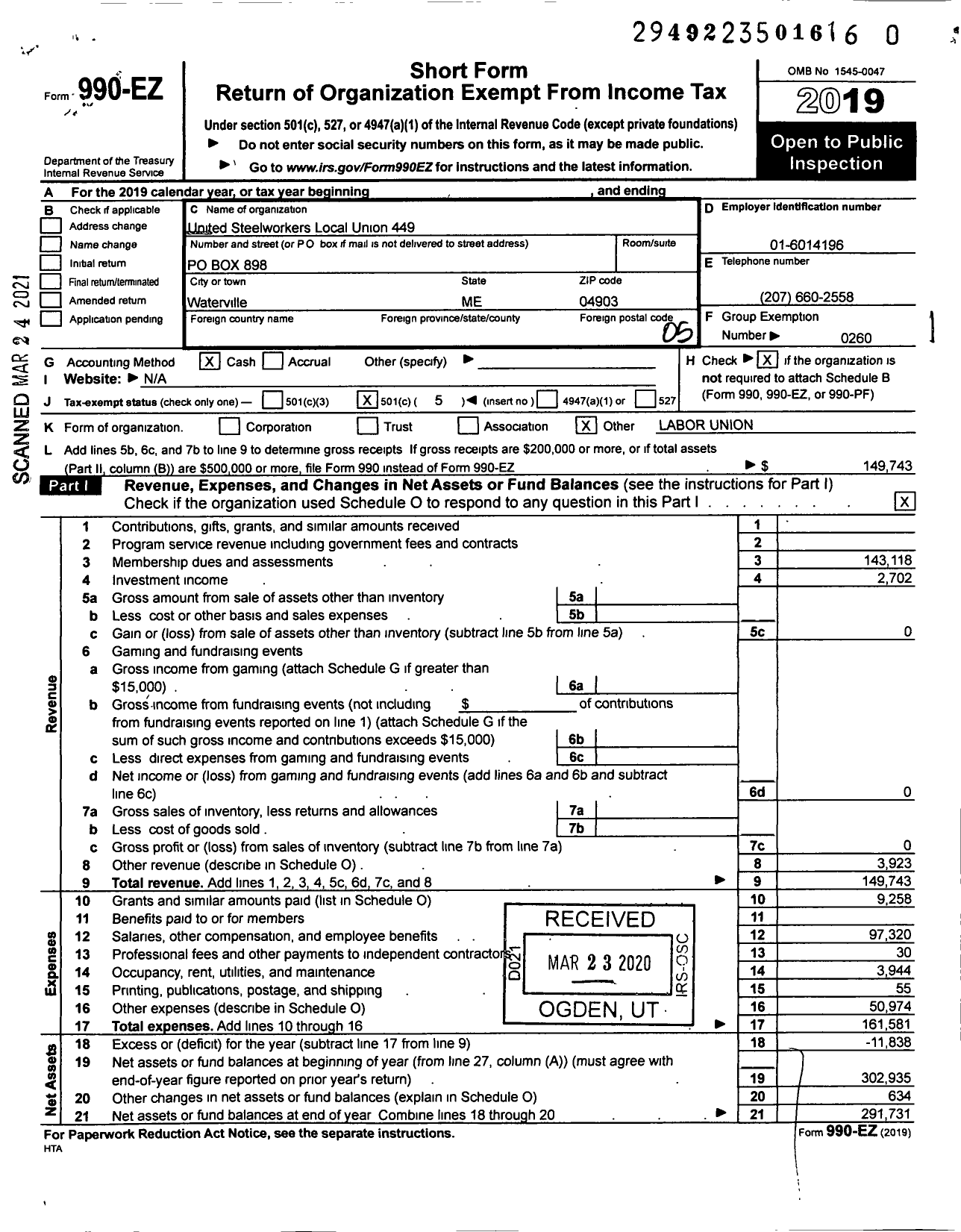 Image of first page of 2019 Form 990EO for United Steelworkers - 449 Local