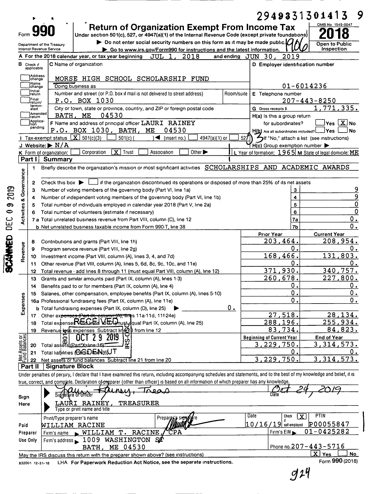 Image of first page of 2018 Form 990 for Morse High School Scholarship Fund