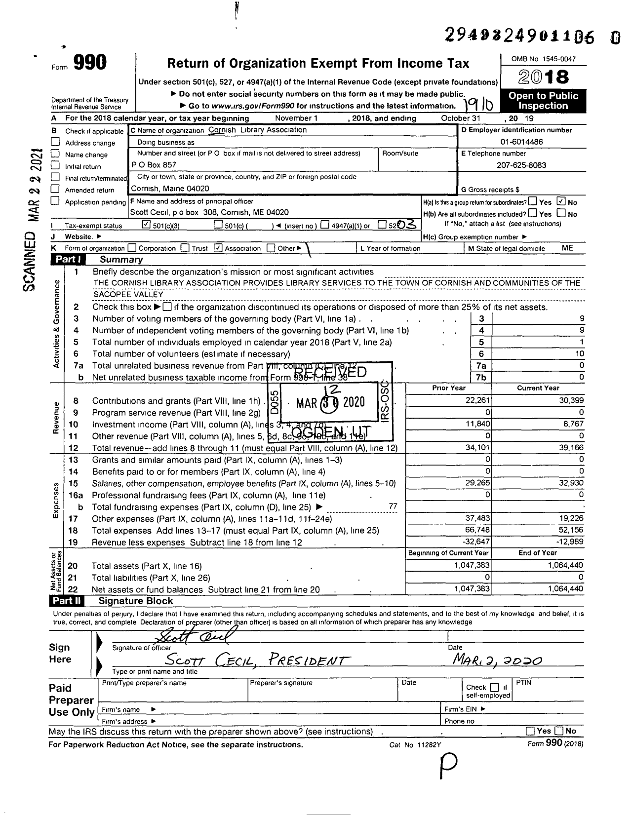 Image of first page of 2018 Form 990 for Bonney Memorial Library