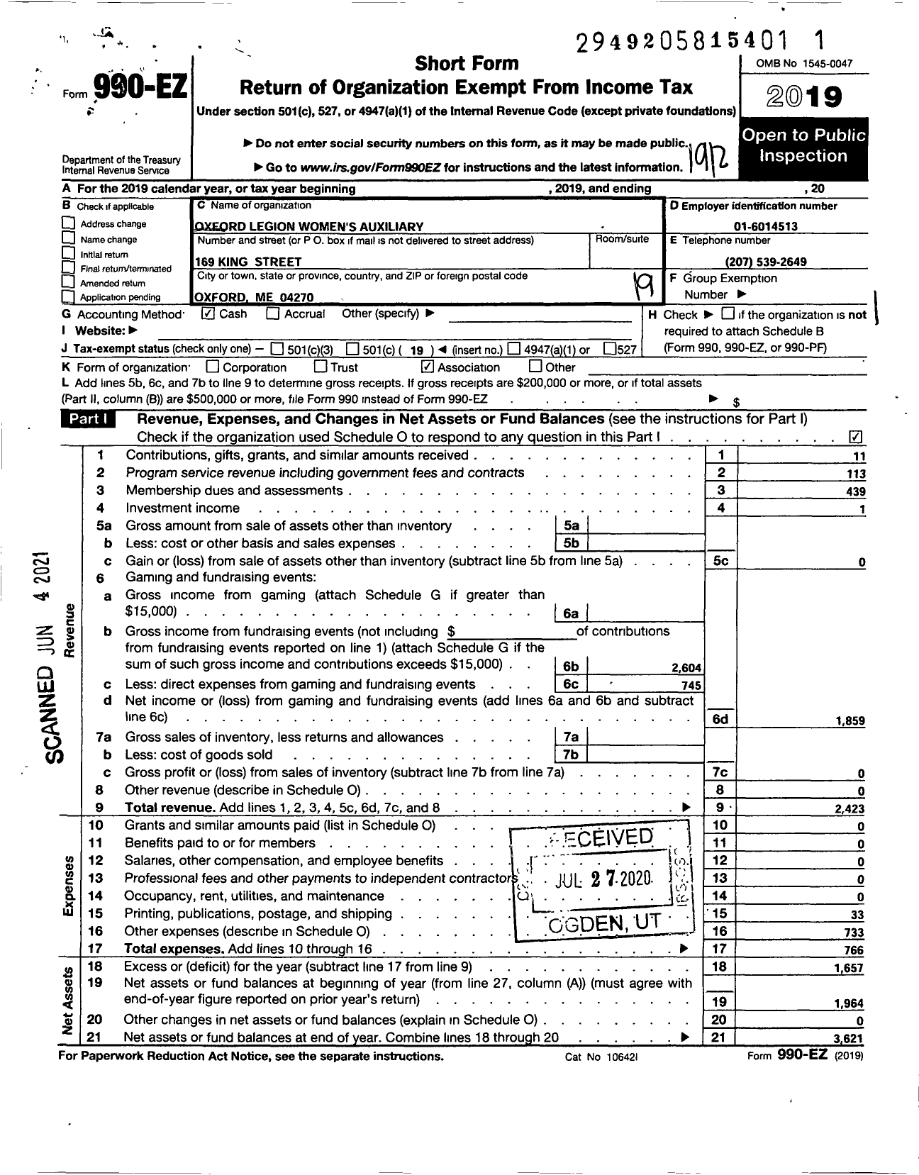 Image of first page of 2019 Form 990EO for American Legion Auxiliary - 112 Anderson-Staples