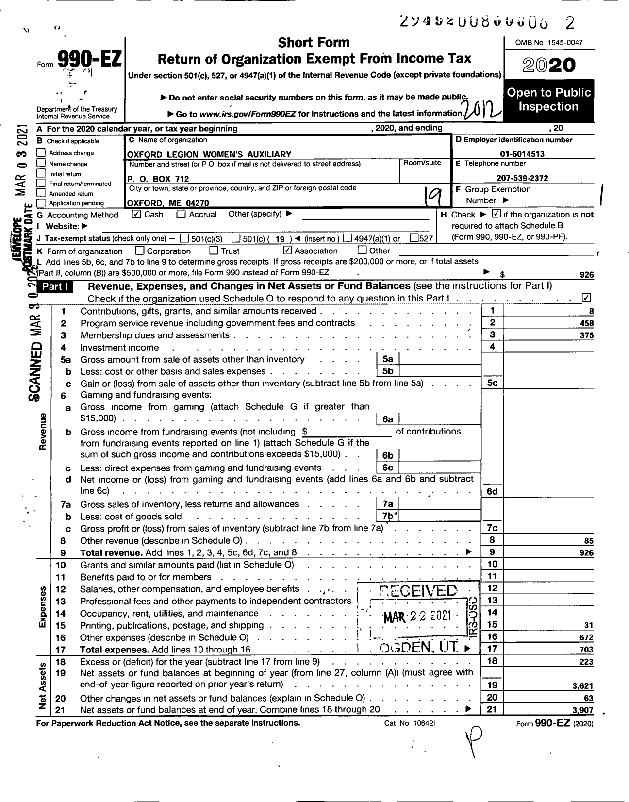 Image of first page of 2020 Form 990EO for American Legion Auxiliary - 112 Anderson-Staples