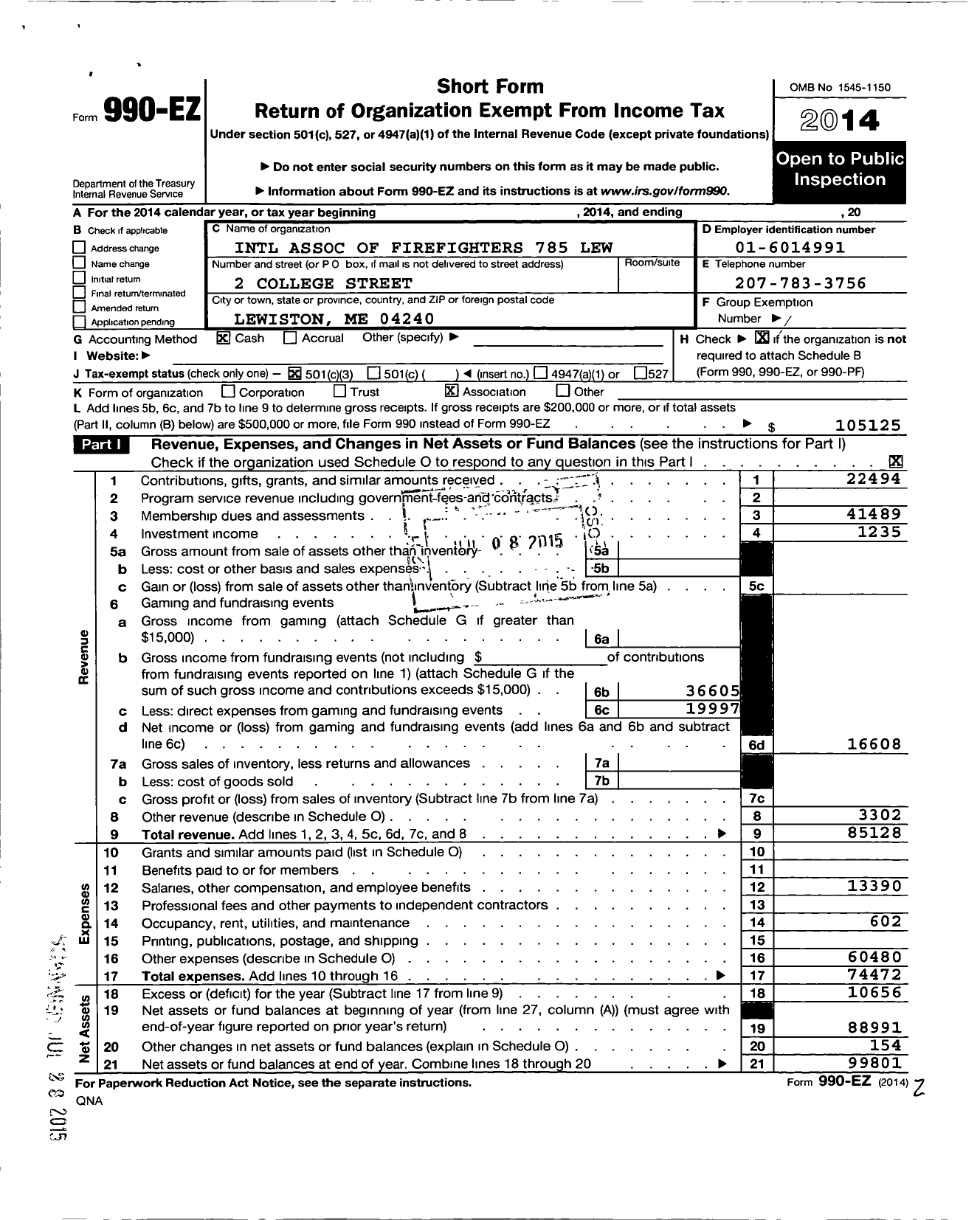 Image of first page of 2014 Form 990EZ for International Association of Fire Fighters - L0785 Lewiston