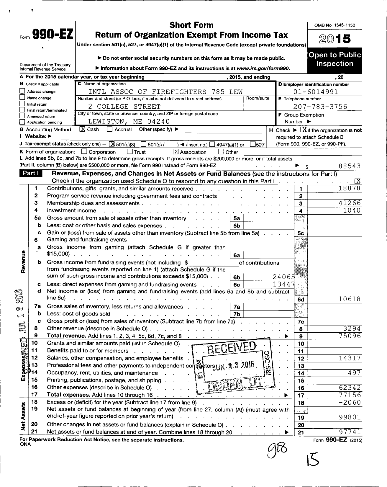 Image of first page of 2015 Form 990EZ for International Association of Fire Fighters - L0785 Lewiston