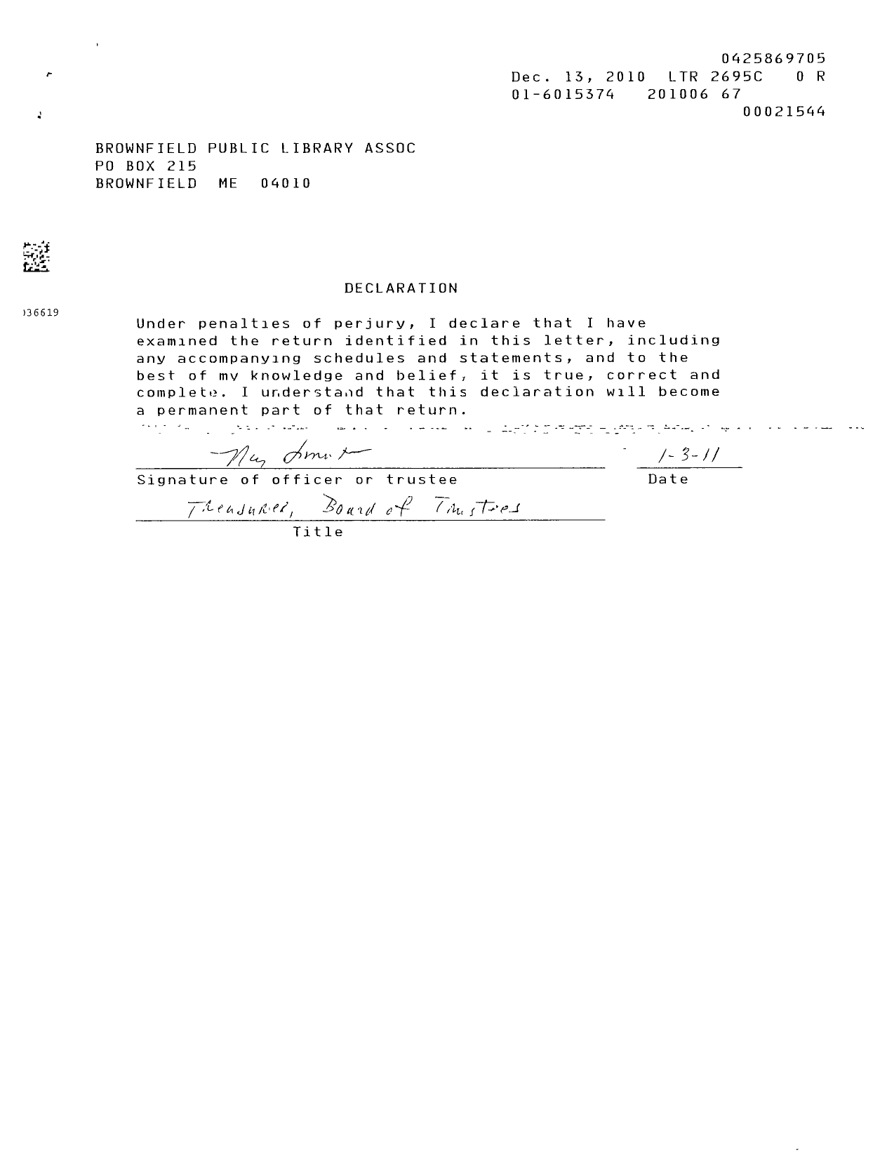 Image of first page of 2009 Form 990ER for Brownfield Public Library Association