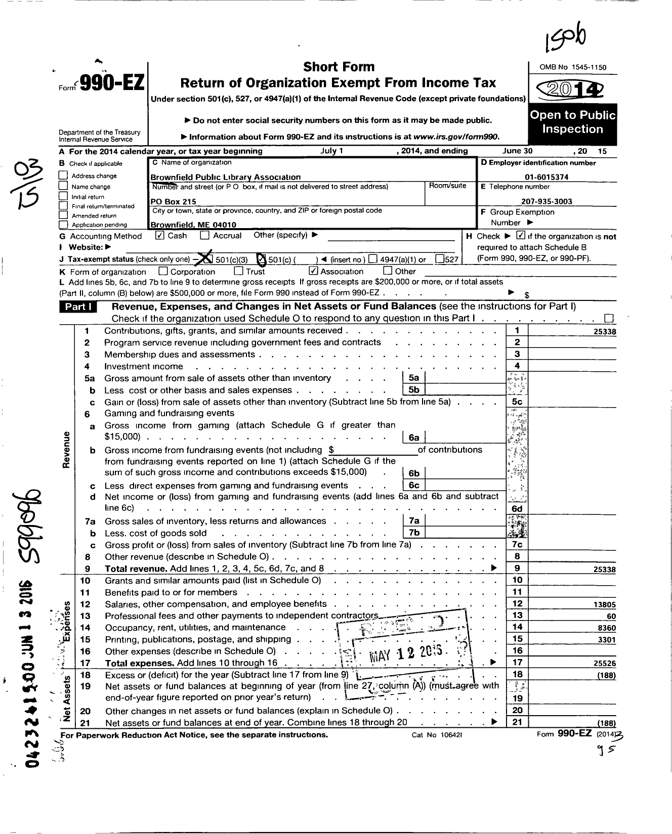 Image of first page of 2014 Form 990EZ for Brownfield Public Library Association