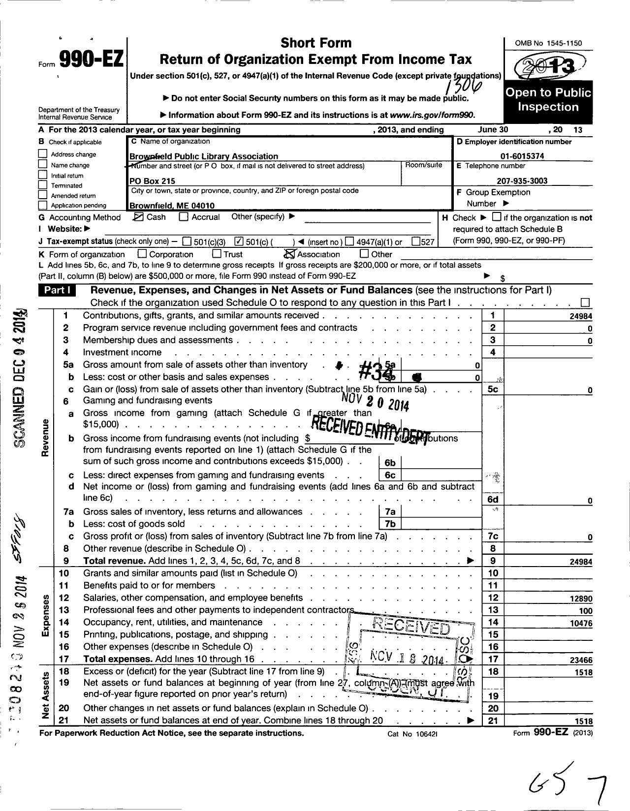 Image of first page of 2012 Form 990EO for Brownfield Public Library Association