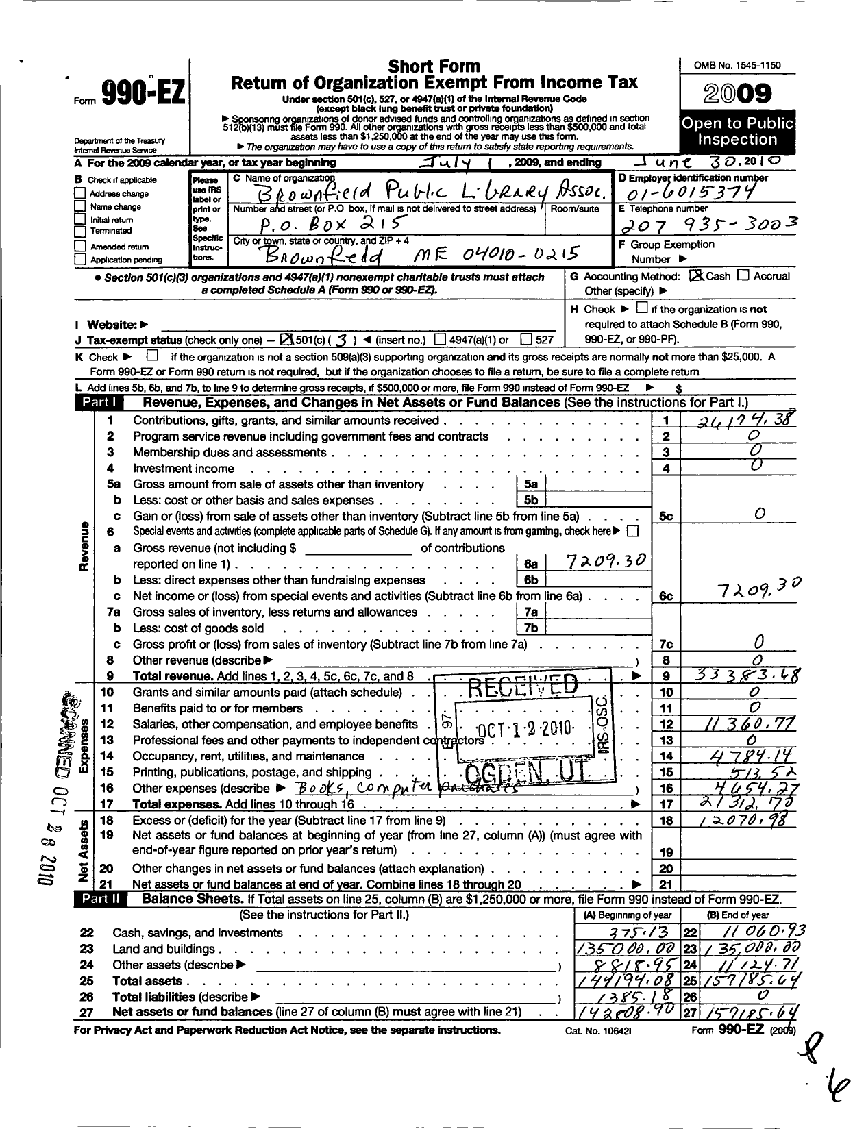 Image of first page of 2009 Form 990EZ for Brownfield Public Library Association