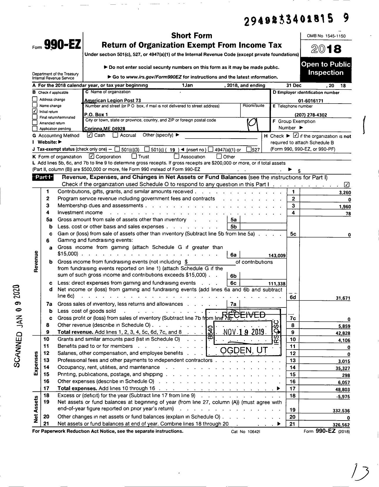 Image of first page of 2018 Form 990EO for American Legion - 73 Corinna