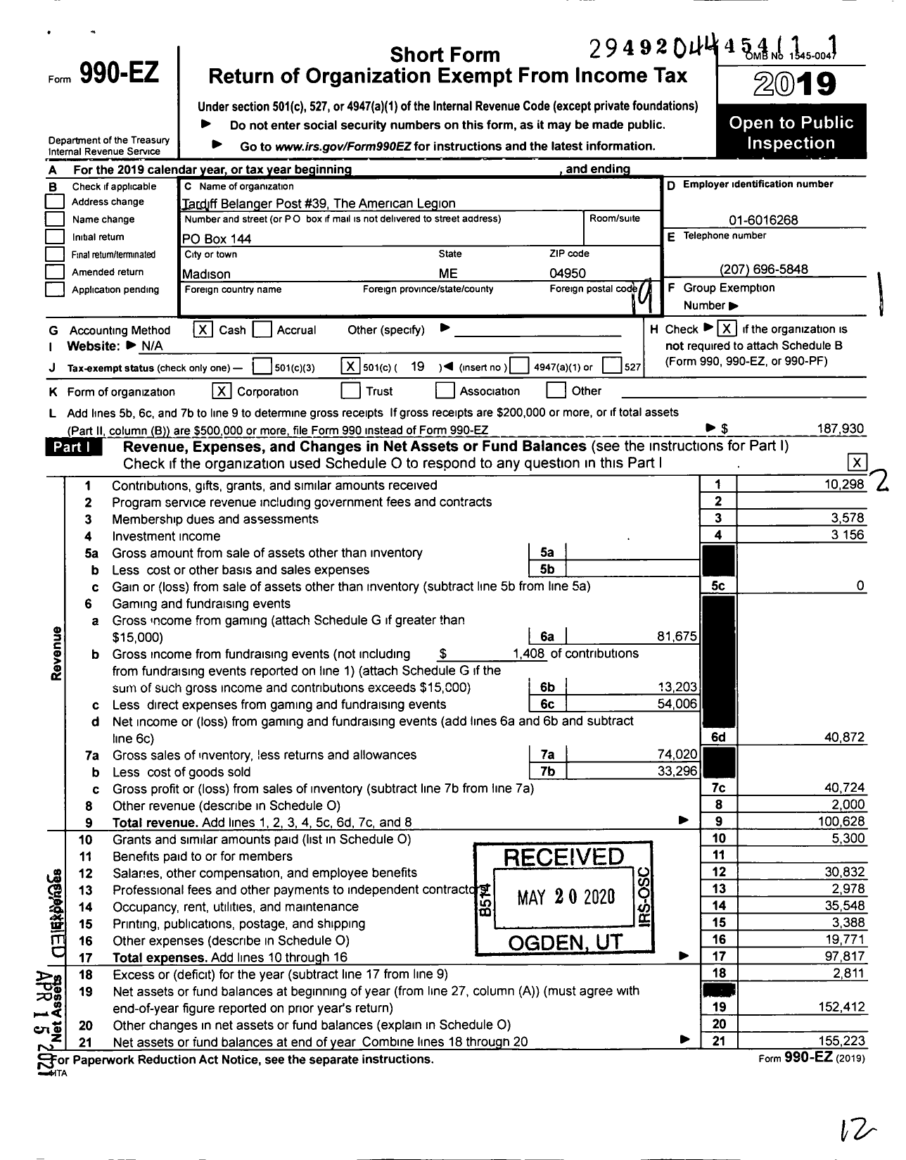 Image of first page of 2019 Form 990EO for American Legion - 39 Tardiff-Belanger Post