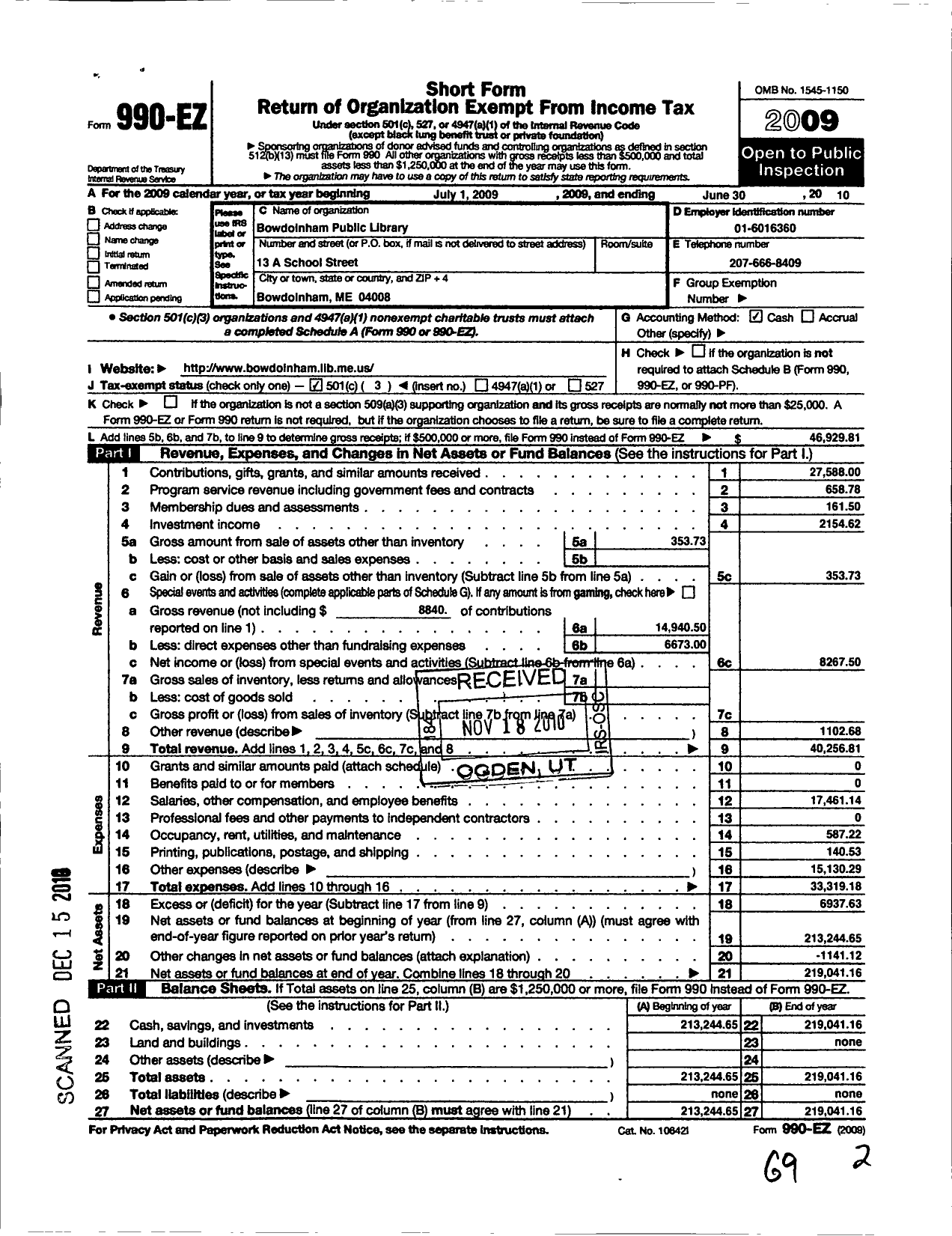 Image of first page of 2009 Form 990EZ for Bowdoinham Public Library