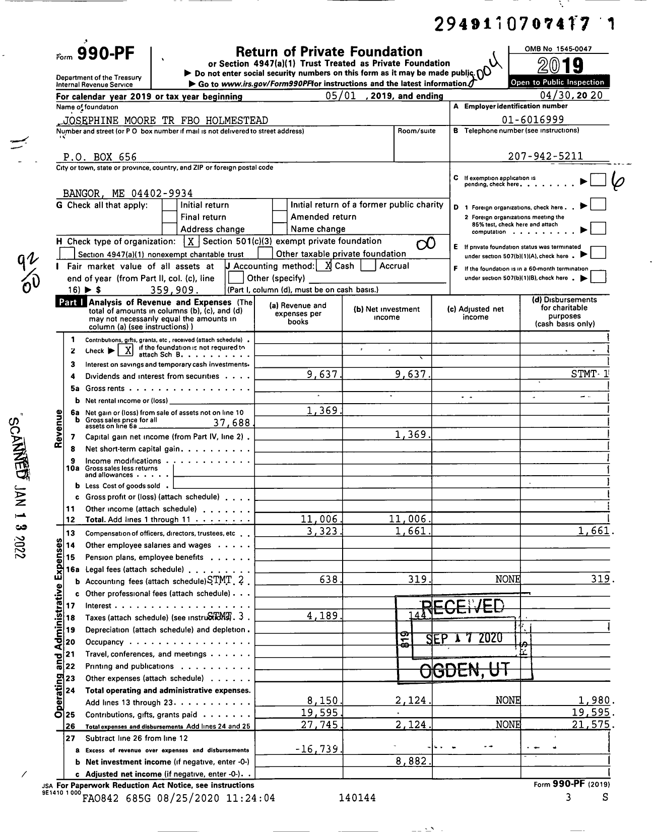 Image of first page of 2019 Form 990PF for Josephine Moore TR Fbo Holmestead