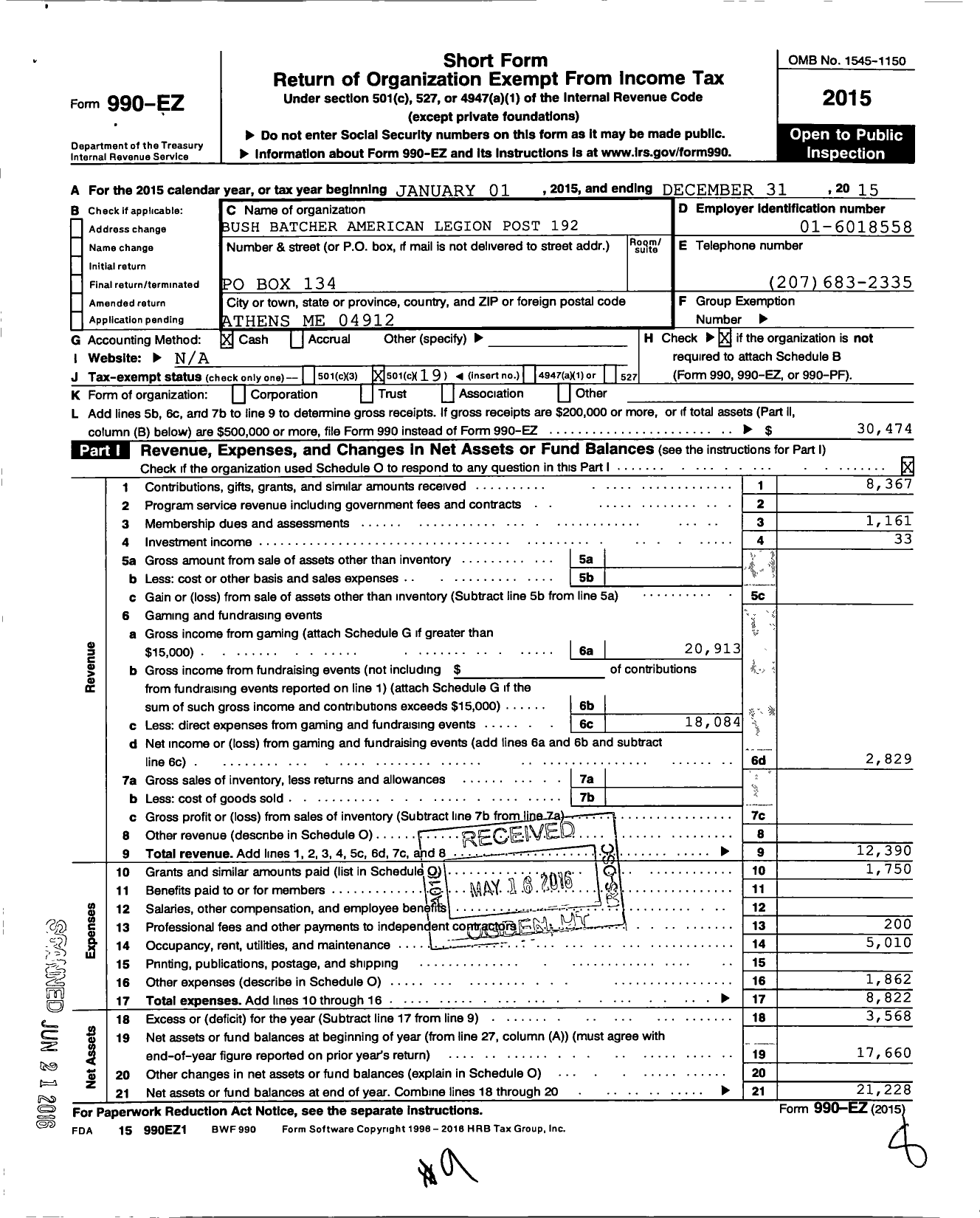 Image of first page of 2015 Form 990EO for Bush Batcher American Legion Post 192