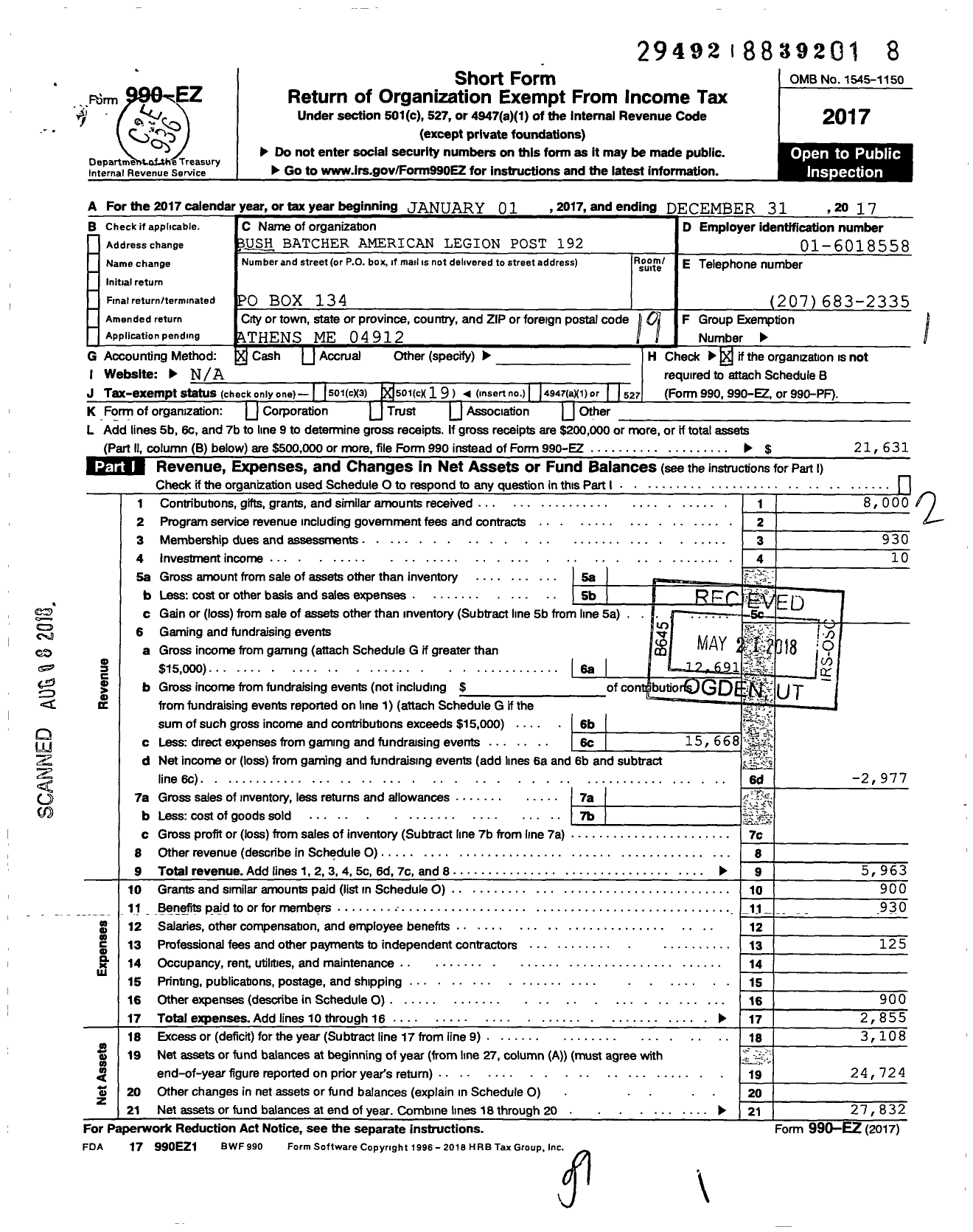 Image of first page of 2017 Form 990EO for Bush Batcher American Legion Post 192