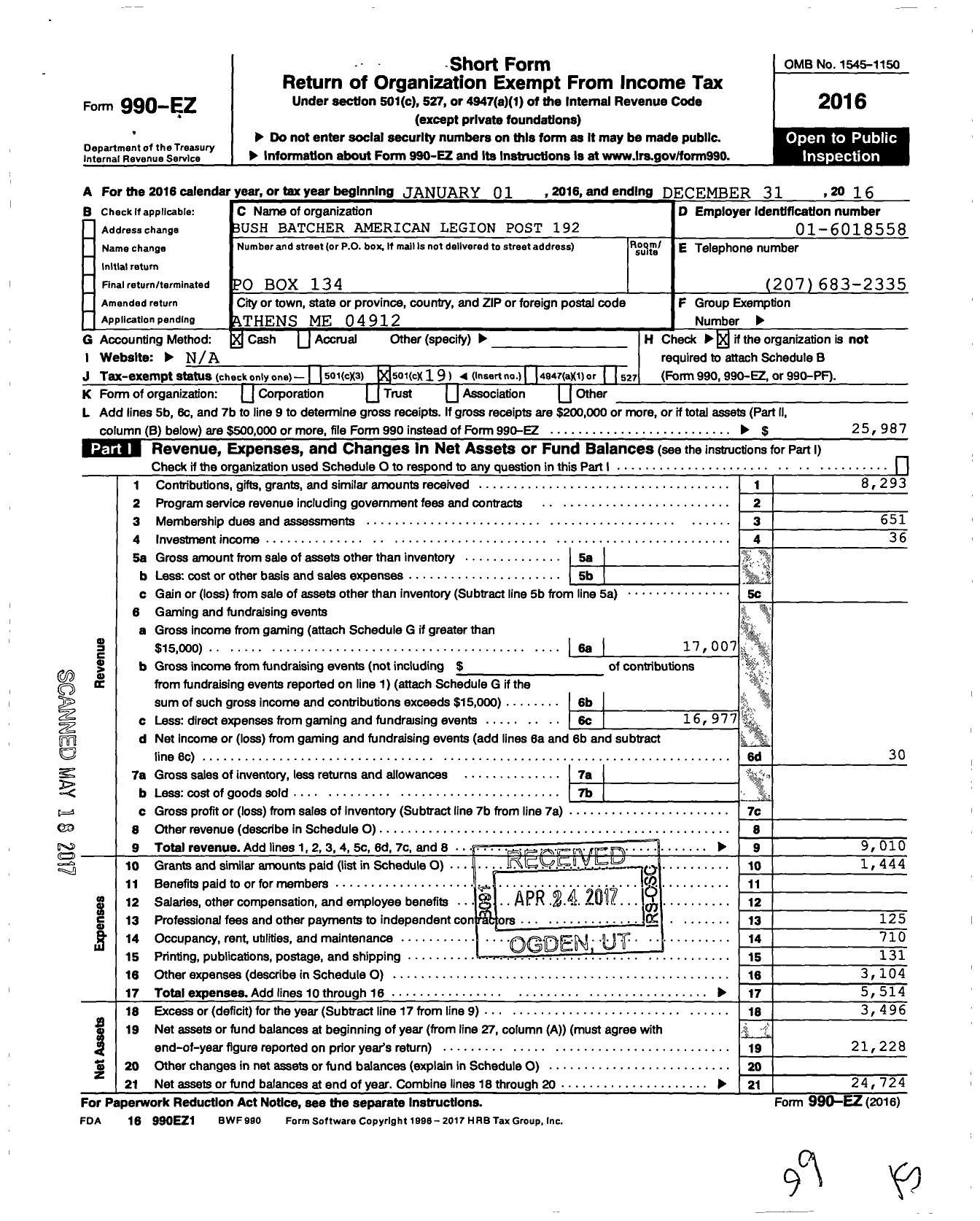 Image of first page of 2016 Form 990EO for Bush Batcher American Legion Post 192