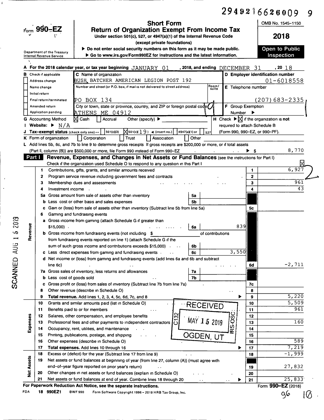 Image of first page of 2018 Form 990EO for Bush Batcher American Legion Post 192