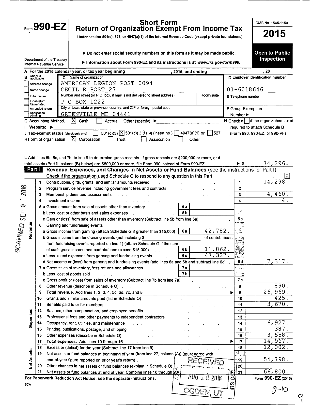 Image of first page of 2015 Form 990EO for American Legion Post 0094 Cecil R Post 27