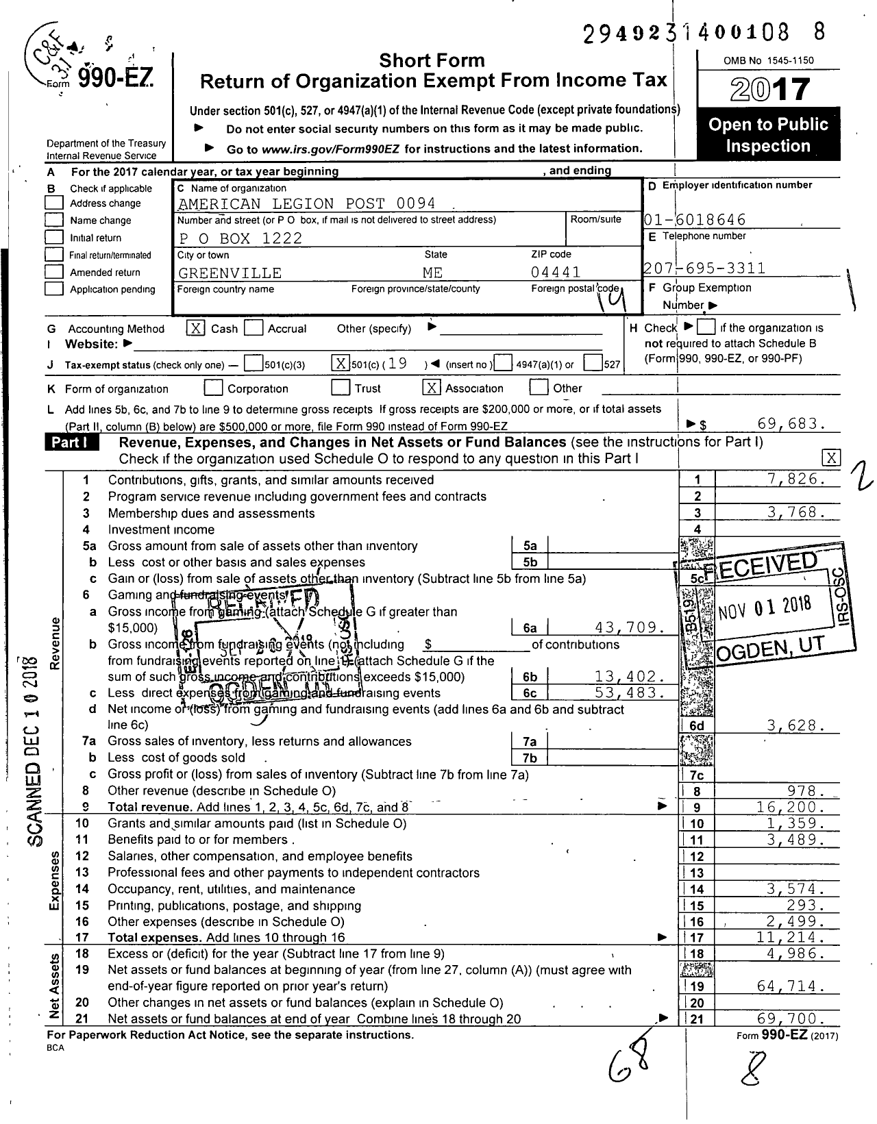 Image of first page of 2017 Form 990EO for American Legion Post 0094 Cecil R Post 27