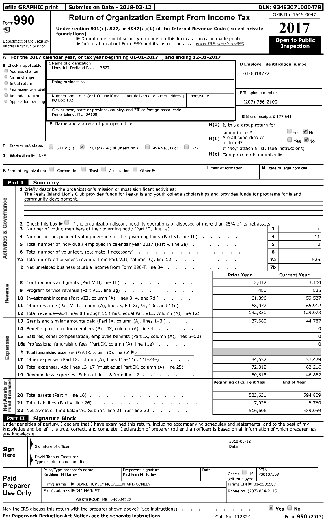 Image of first page of 2017 Form 990 for Lions Clubs - 13627 Portland Peaks Island