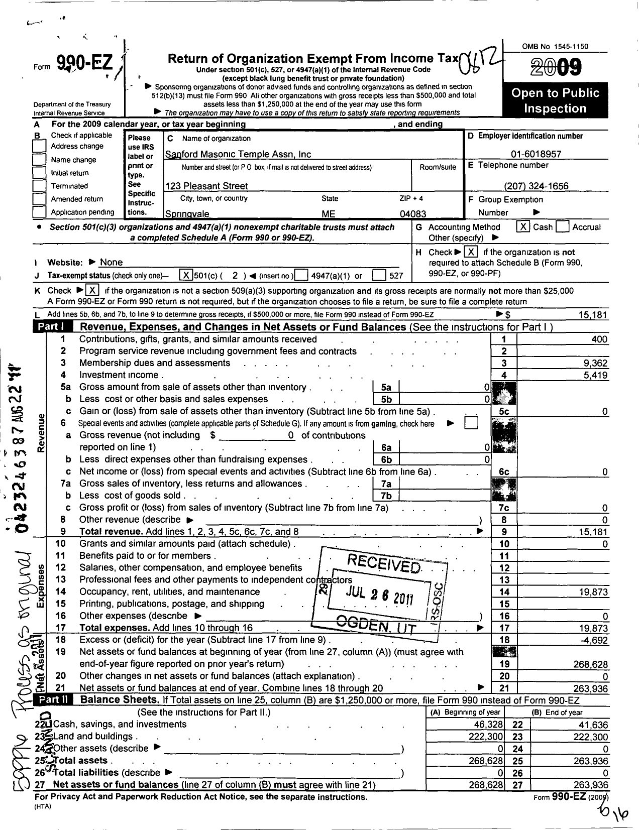 Image of first page of 2008 Form 990EO for Sanford Masonic Temple Association