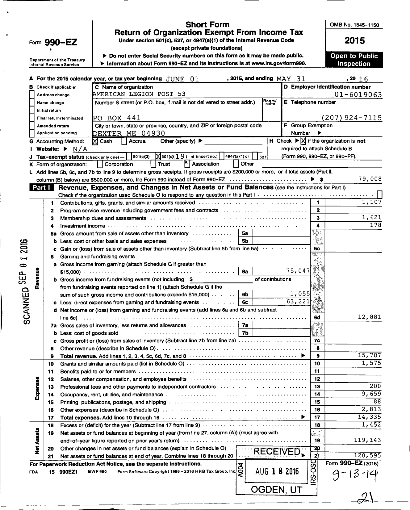 Image of first page of 2015 Form 990EO for American Legion Post 53