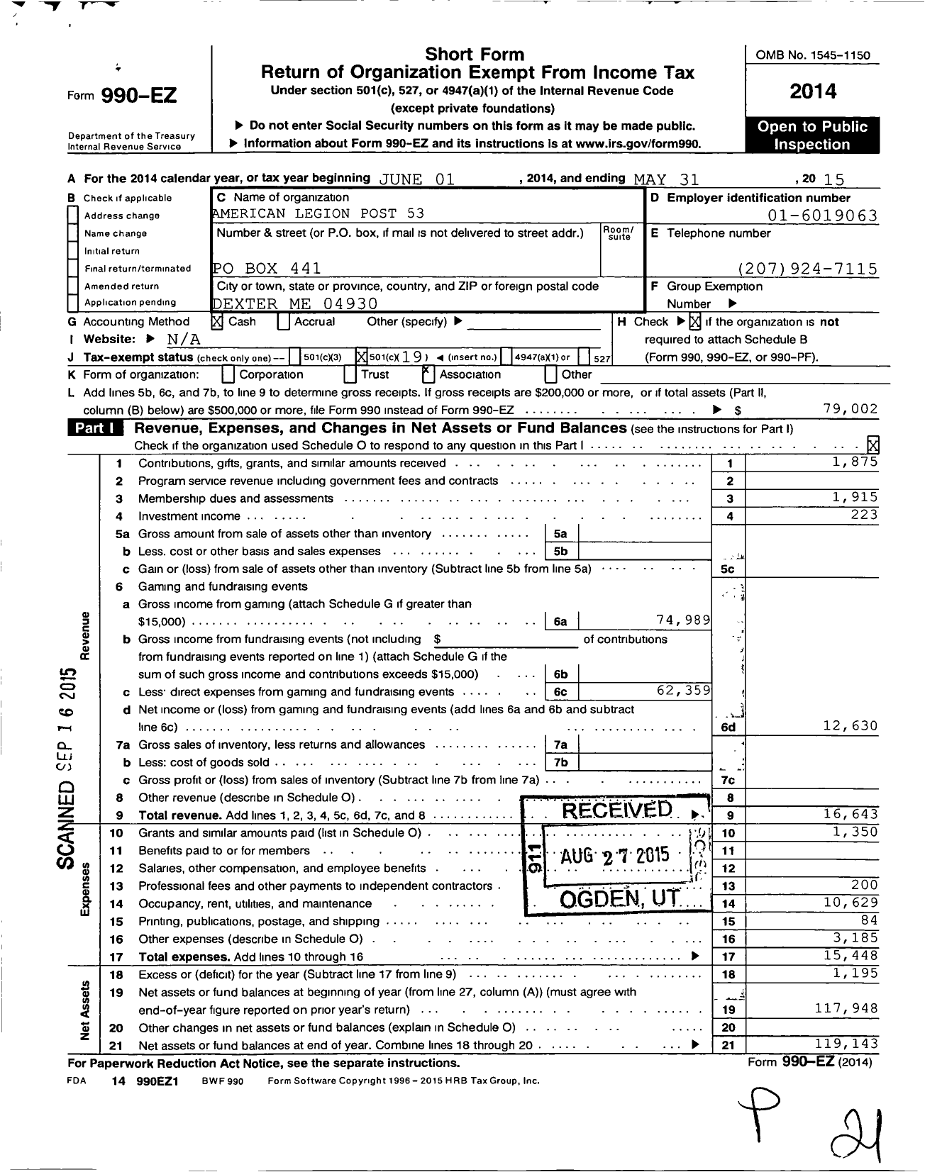 Image of first page of 2014 Form 990EO for American Legion Post 53