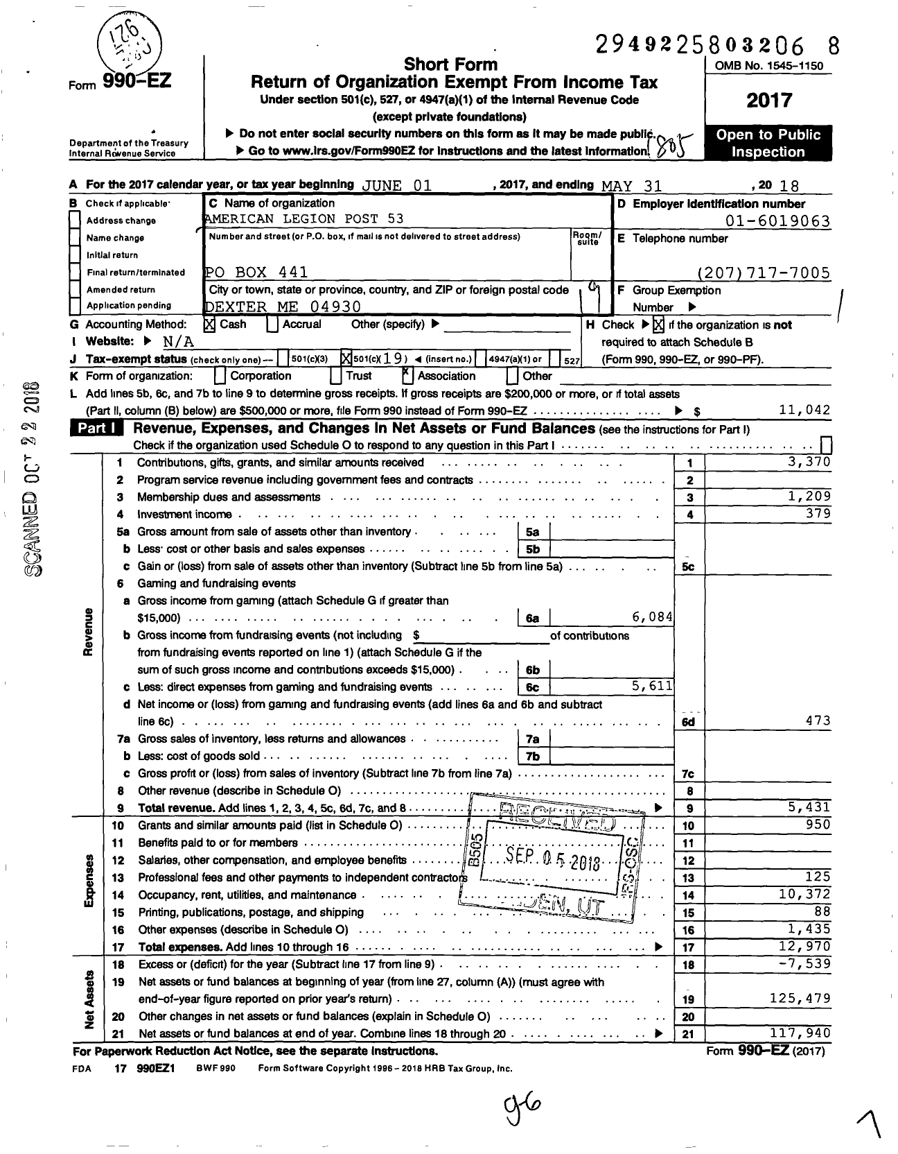 Image of first page of 2017 Form 990EO for American Legion Post 53