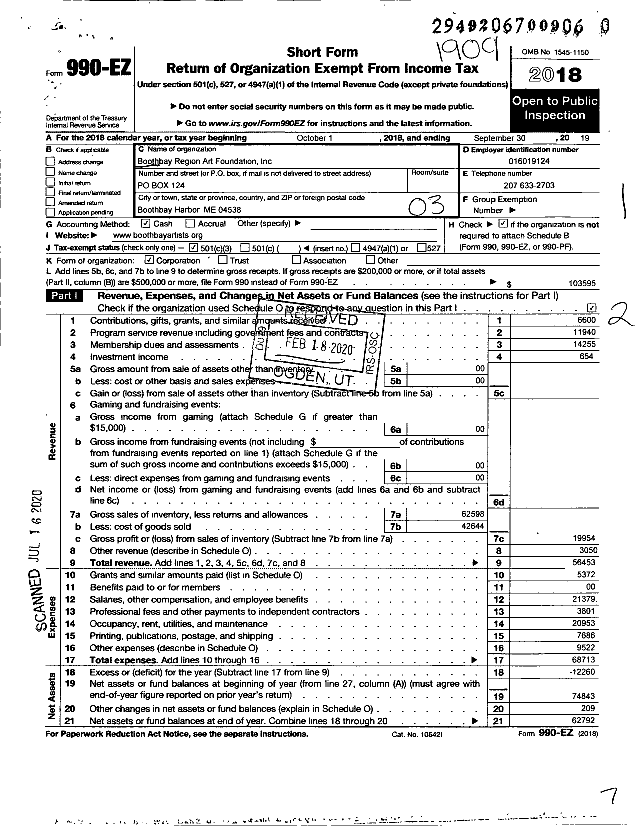 Image of first page of 2018 Form 990EZ for Boothbay Region Art Foundation