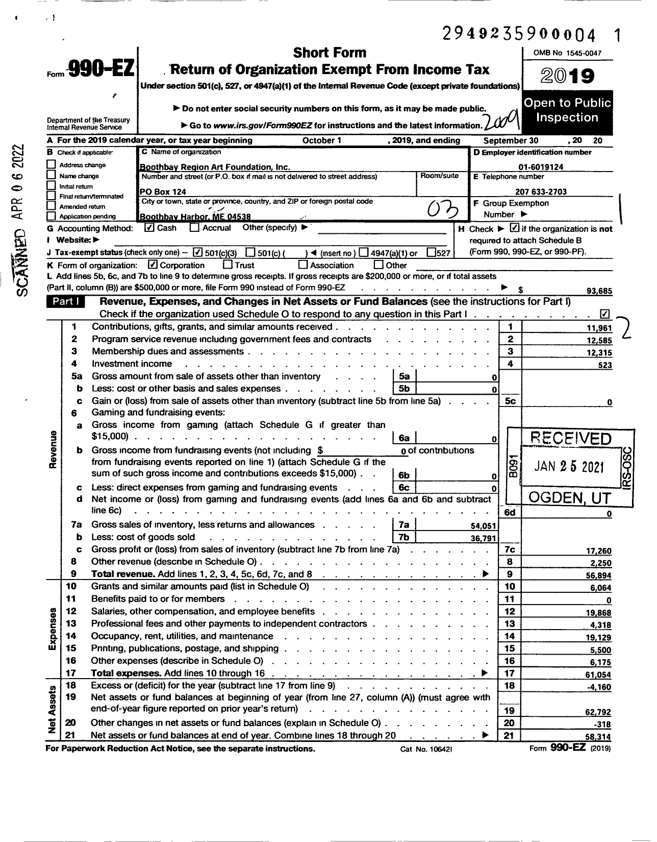 Image of first page of 2019 Form 990EZ for Boothbay Region Art Foundation