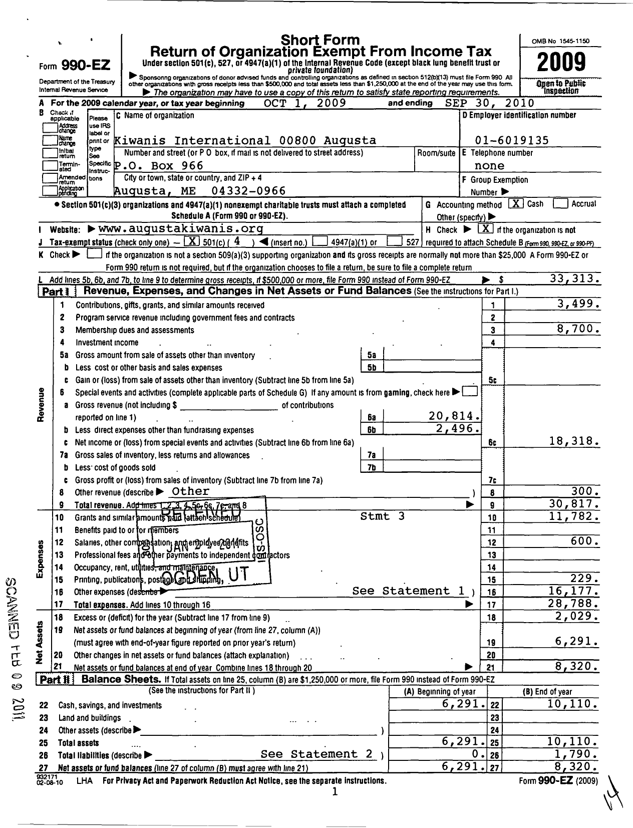 Image of first page of 2009 Form 990EO for Kiwanis International - Augusta Kiwanis Club