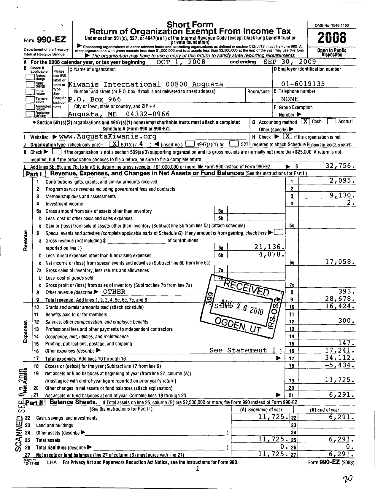 Image of first page of 2008 Form 990EO for Kiwanis International - Augusta Kiwanis Club