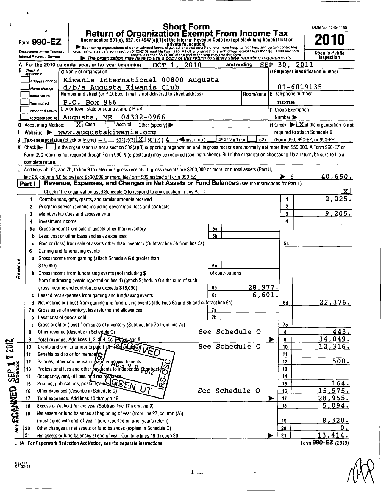 Image of first page of 2010 Form 990EO for Kiwanis International - Augusta Kiwanis Club