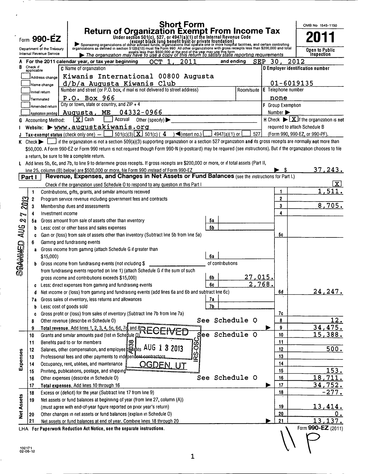 Image of first page of 2011 Form 990EO for Kiwanis International - Augusta Kiwanis Club