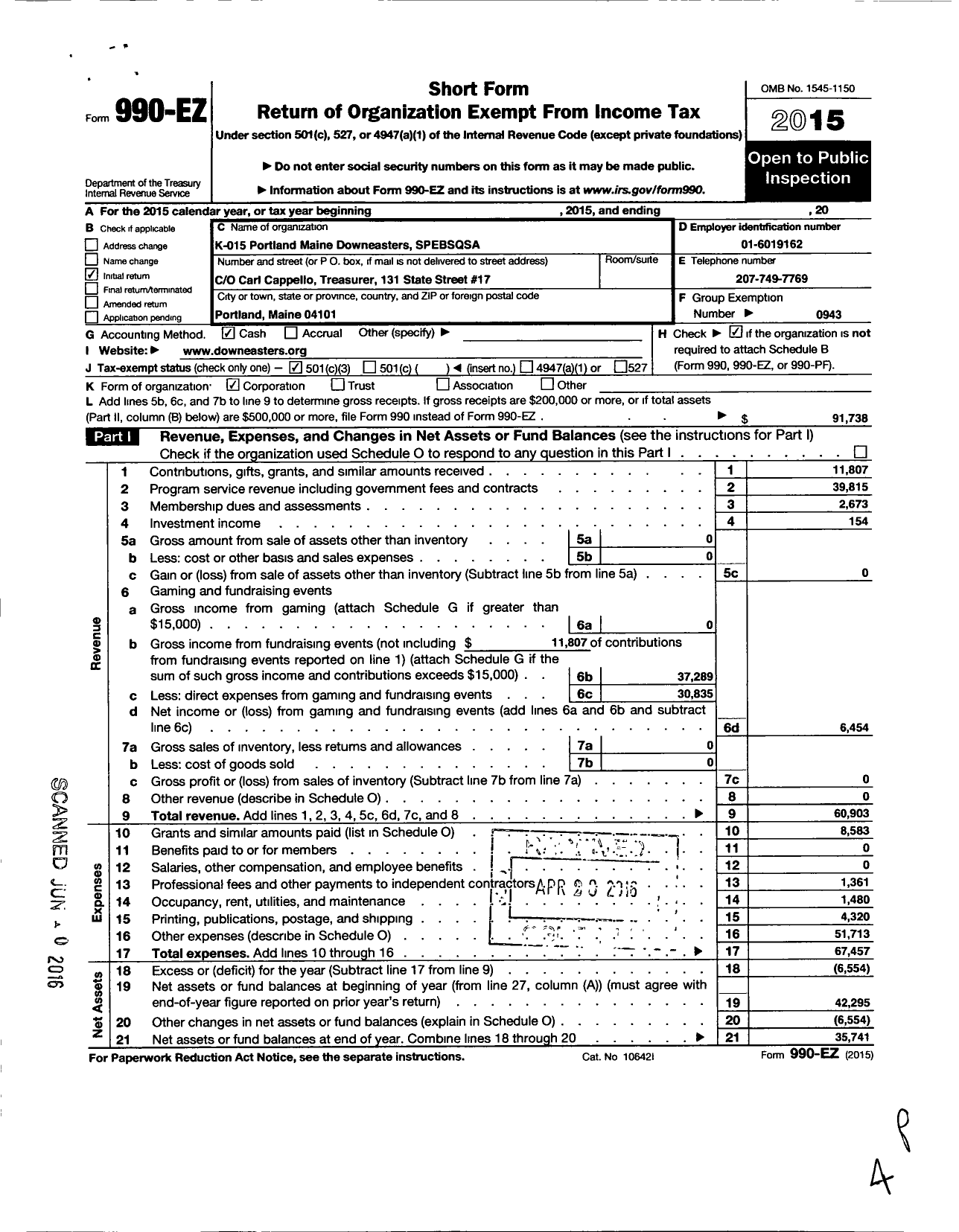 Image of first page of 2015 Form 990EZ for Barbershop Harmony Society - K015 Portland Me Downeasters